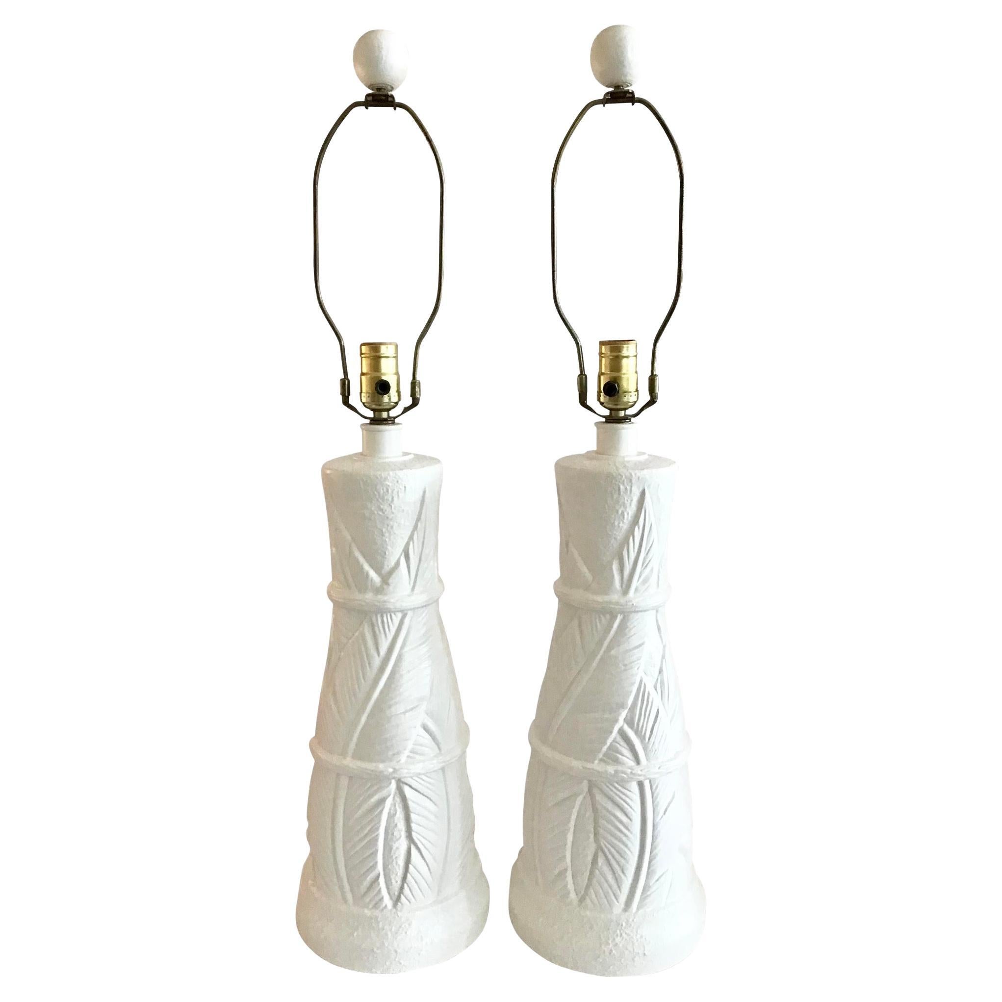 Boho Chic White Plaster Floral Table Lamps, a Pair For Sale