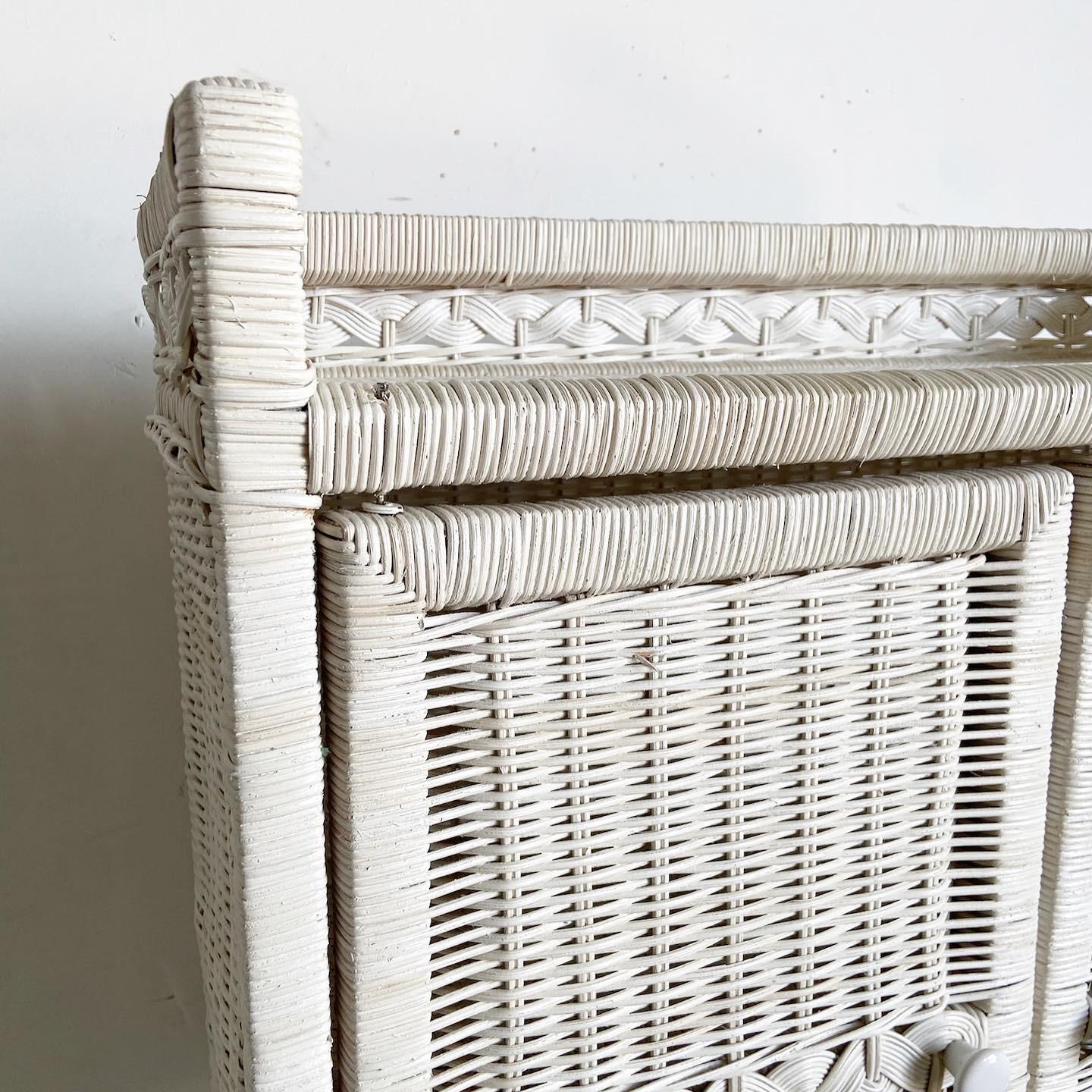 Indonesian Boho Chic White Rattan and Wicker Bathroom Storage Etagere For Sale