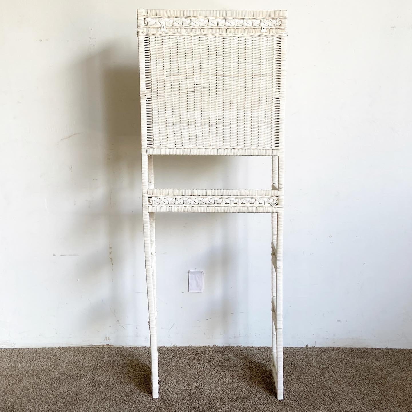 Boho Chic White Rattan and Wicker Bathroom Storage Etagere In Good Condition For Sale In Delray Beach, FL