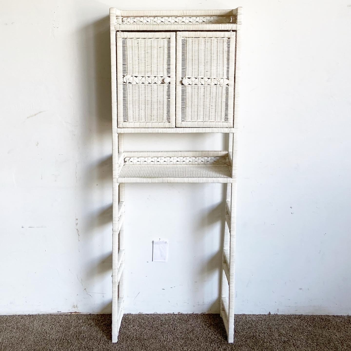 Late 20th Century Boho Chic White Rattan and Wicker Bathroom Storage Etagere For Sale