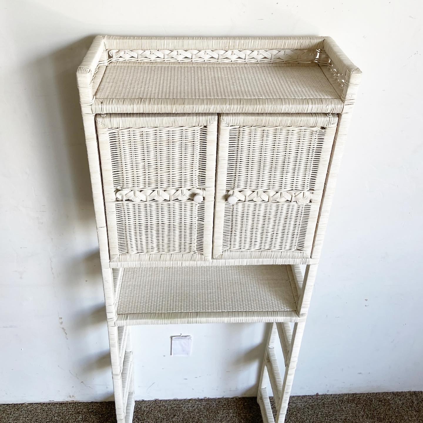 Boho Chic White Rattan and Wicker Bathroom Storage Etagere For Sale 1