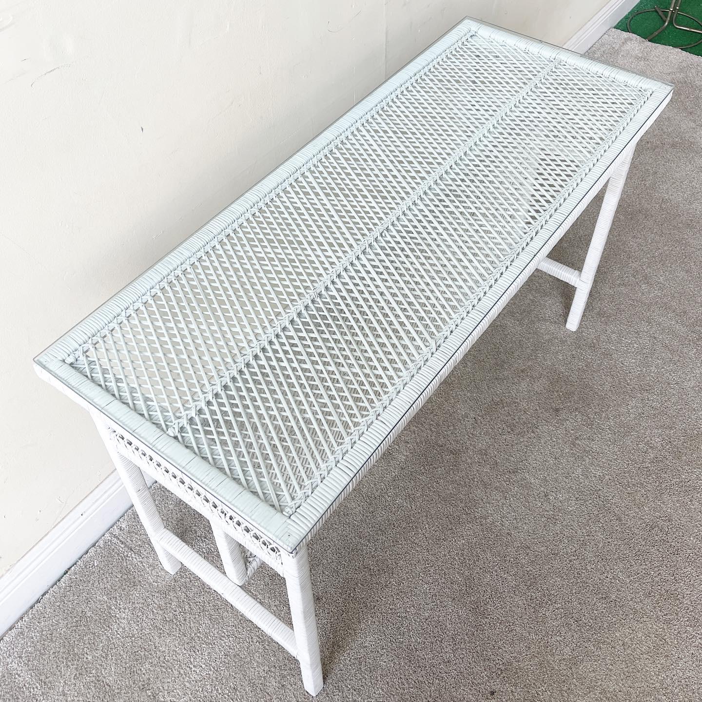 Late 20th Century Boho Chic White Rattan Console Table With Glass Top For Sale