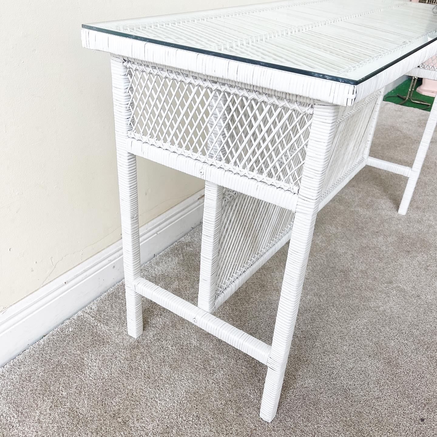 Boho Chic White Rattan Console Table With Glass Top For Sale 1