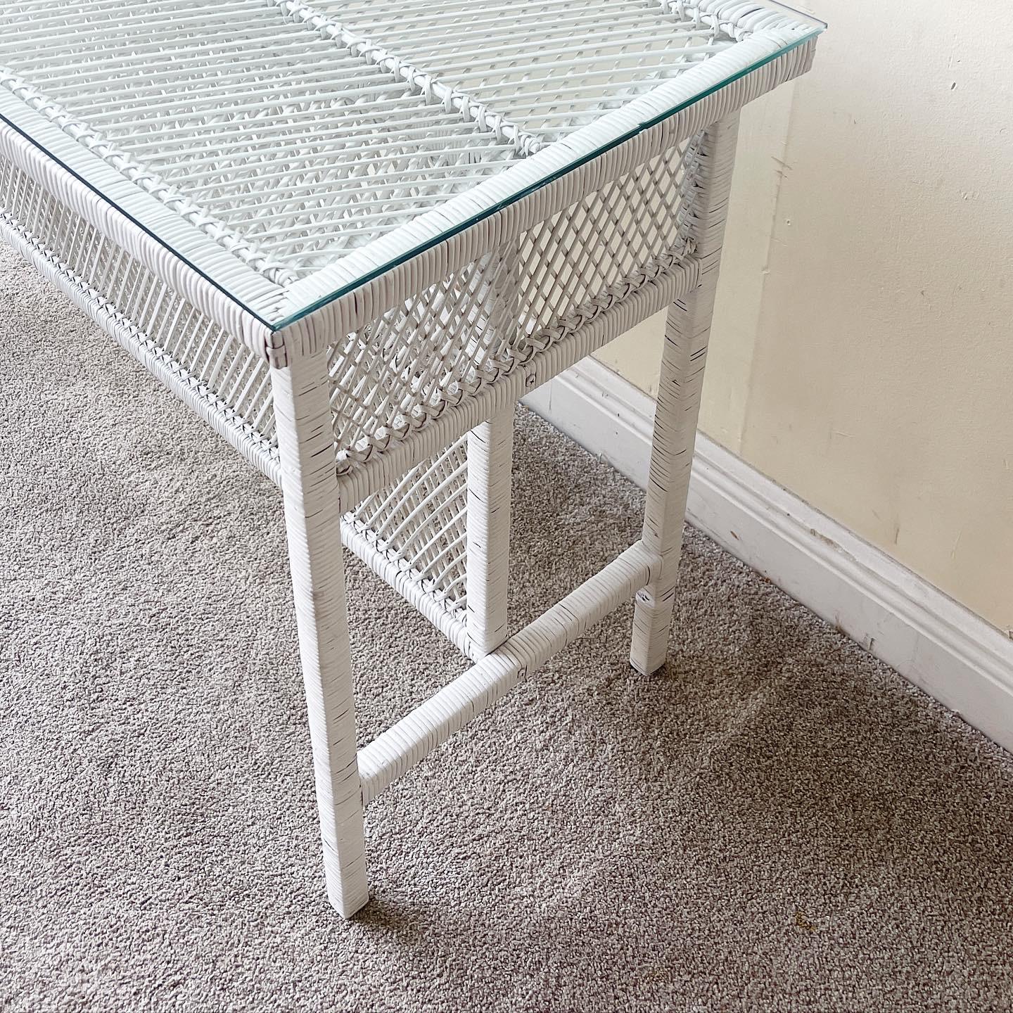 Boho Chic White Rattan Console Table With Glass Top For Sale 2
