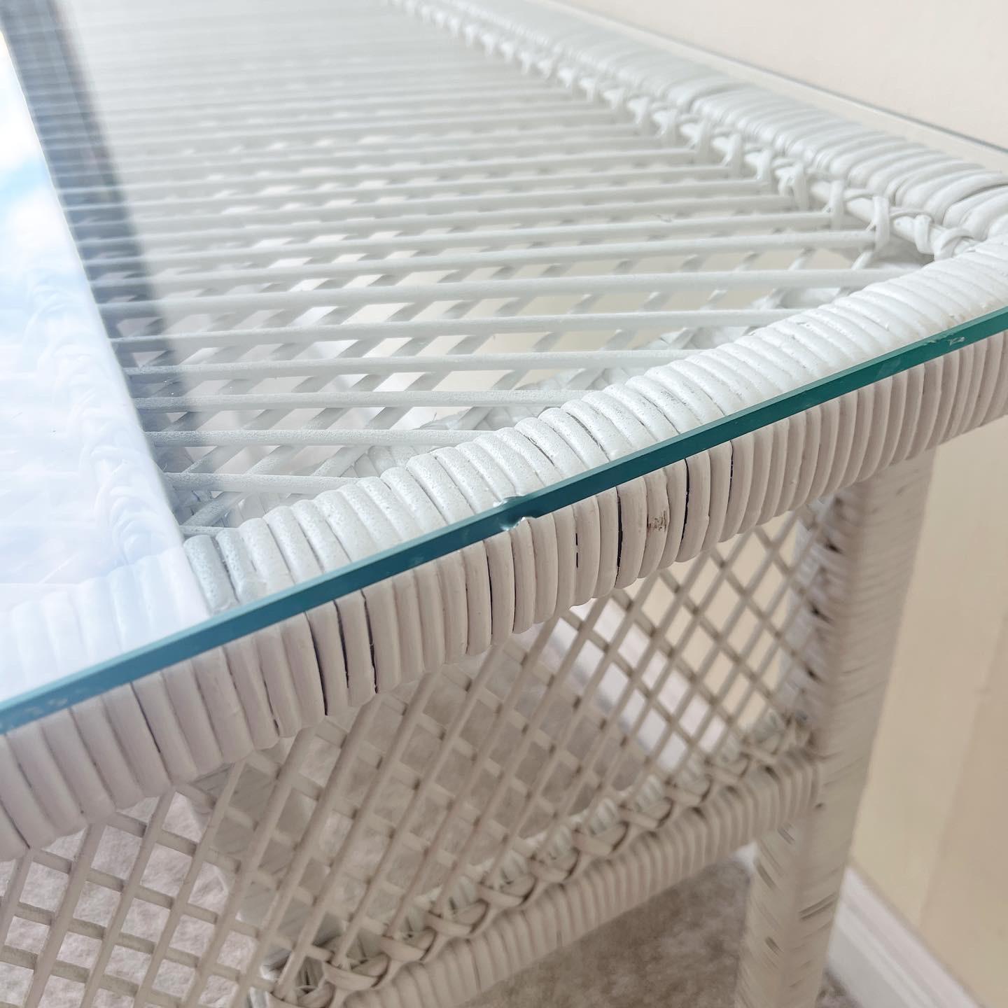 Boho Chic White Rattan Console Table With Glass Top In Good Condition In Delray Beach, FL