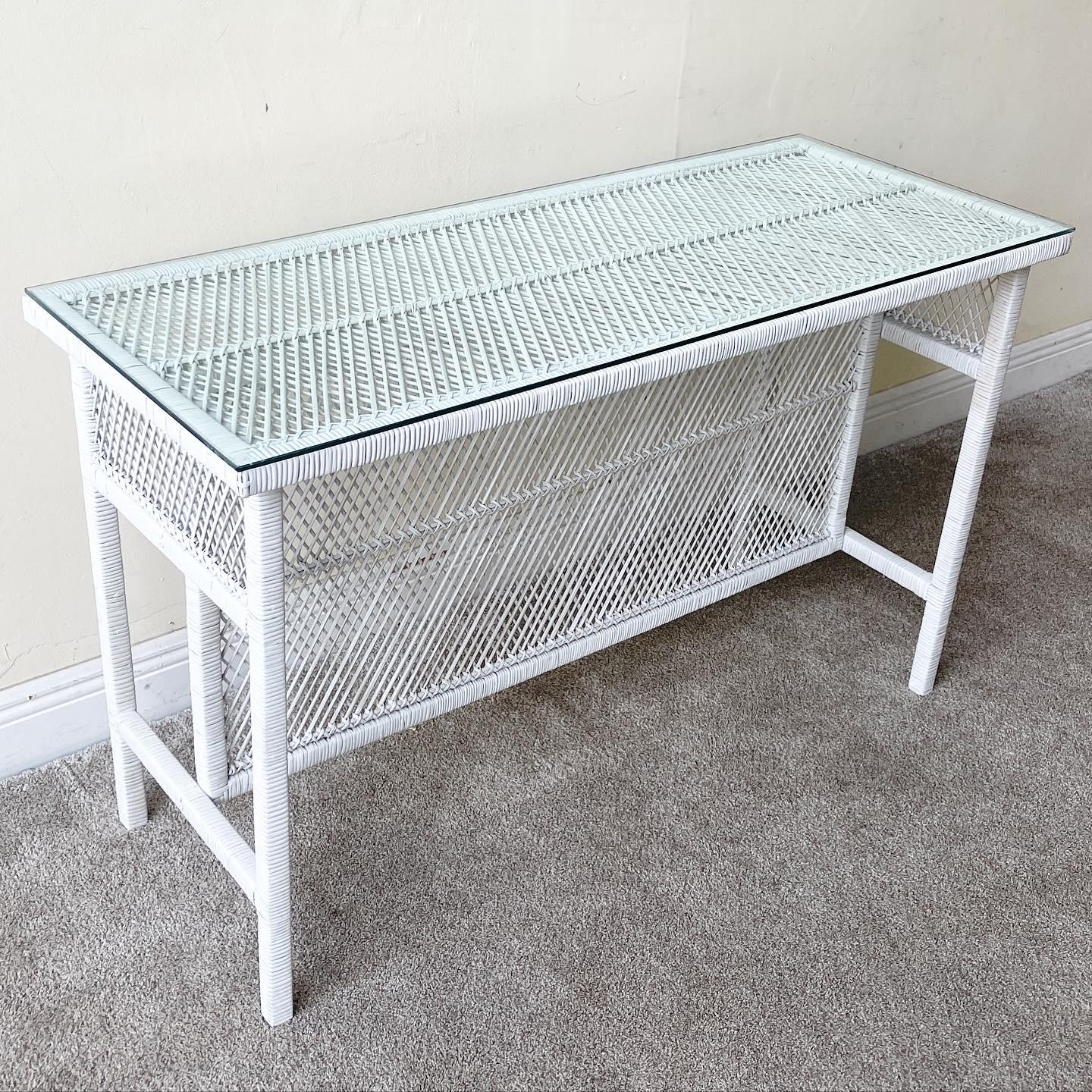 Late 20th Century Boho Chic White Rattan Console Table With Glass Top