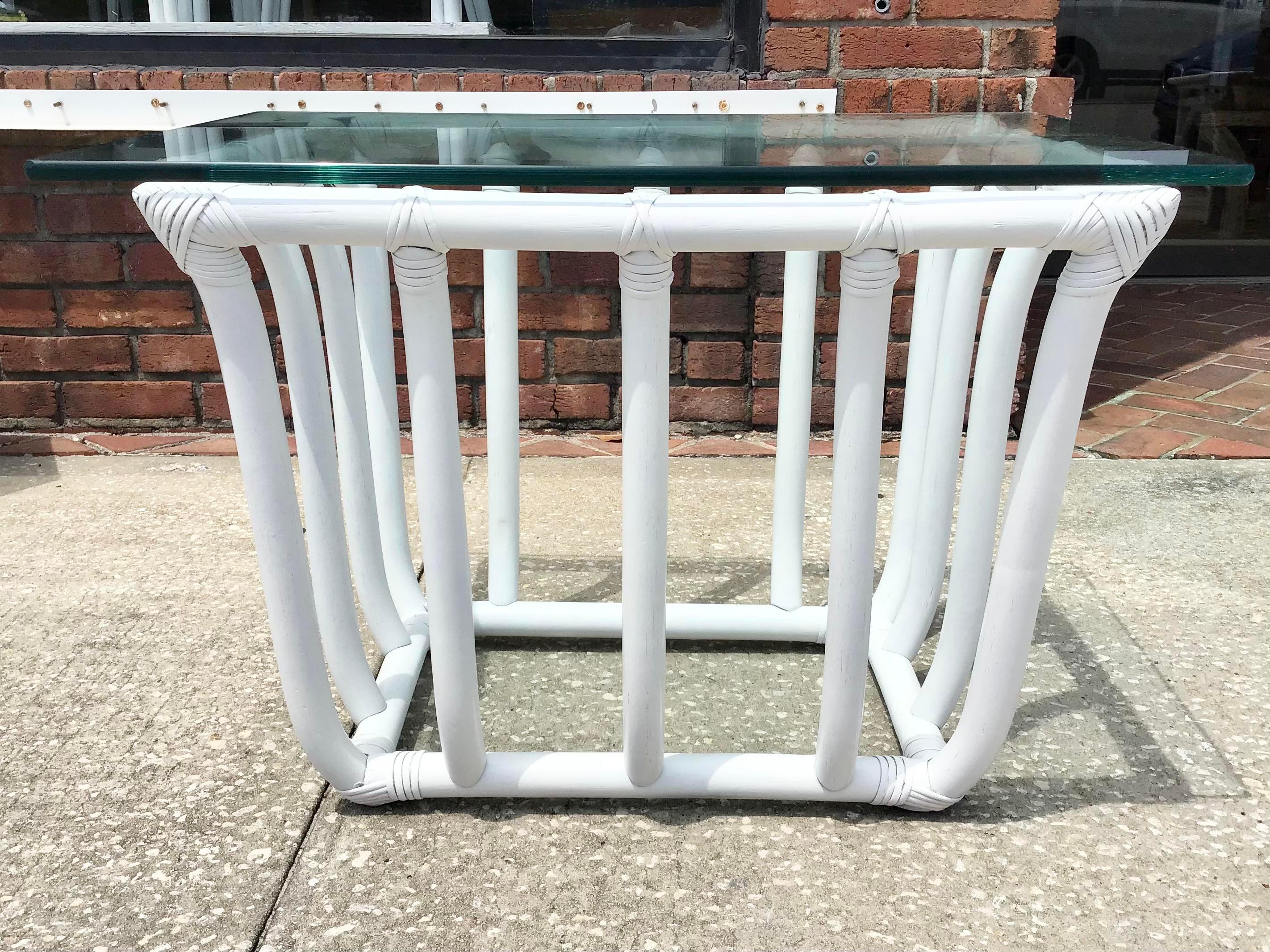 Modern Boho Chic White Rattan Rectangular Side Table For Sale