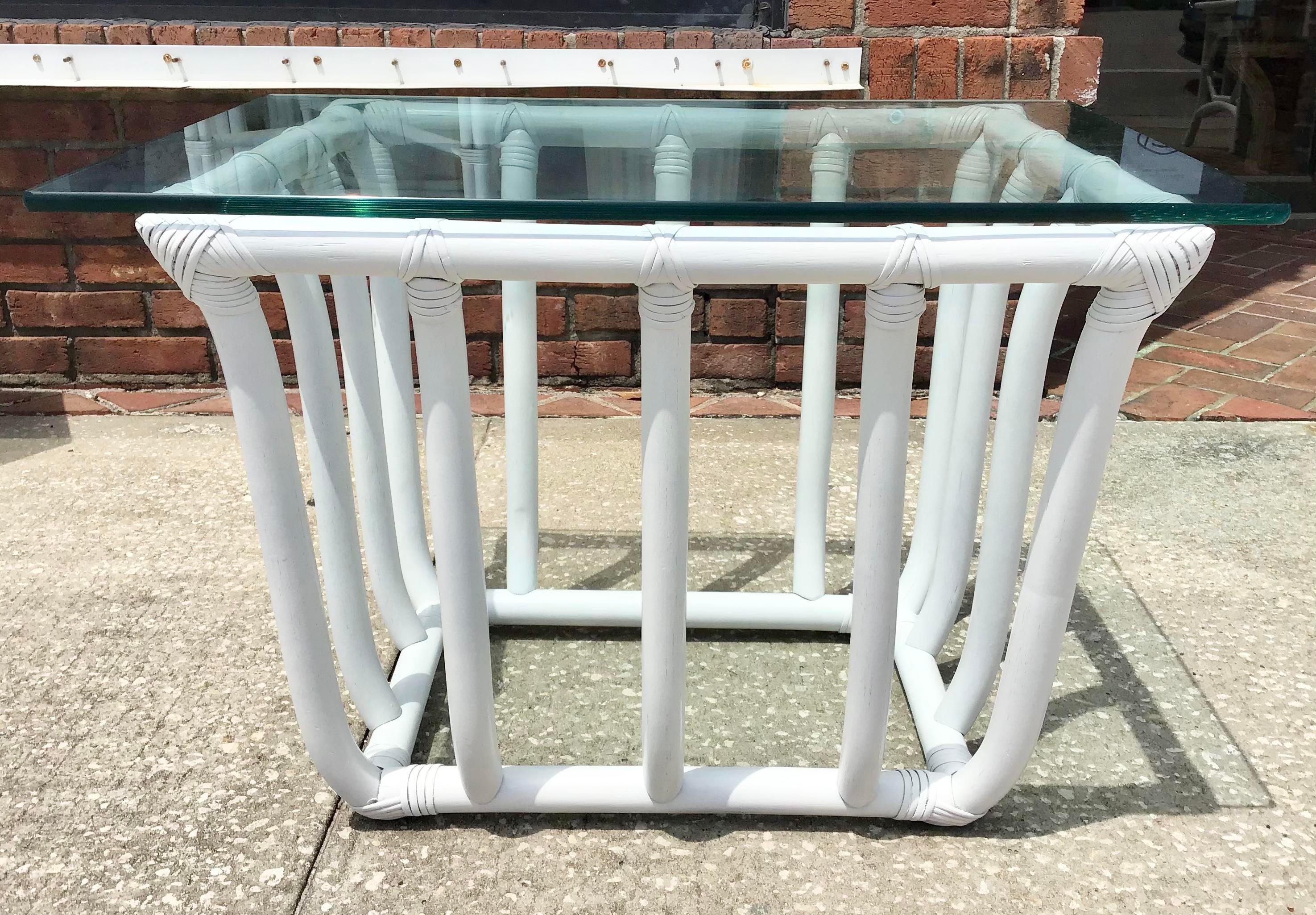 Boho Chic White Rattan Rectangular Side Table For Sale 1