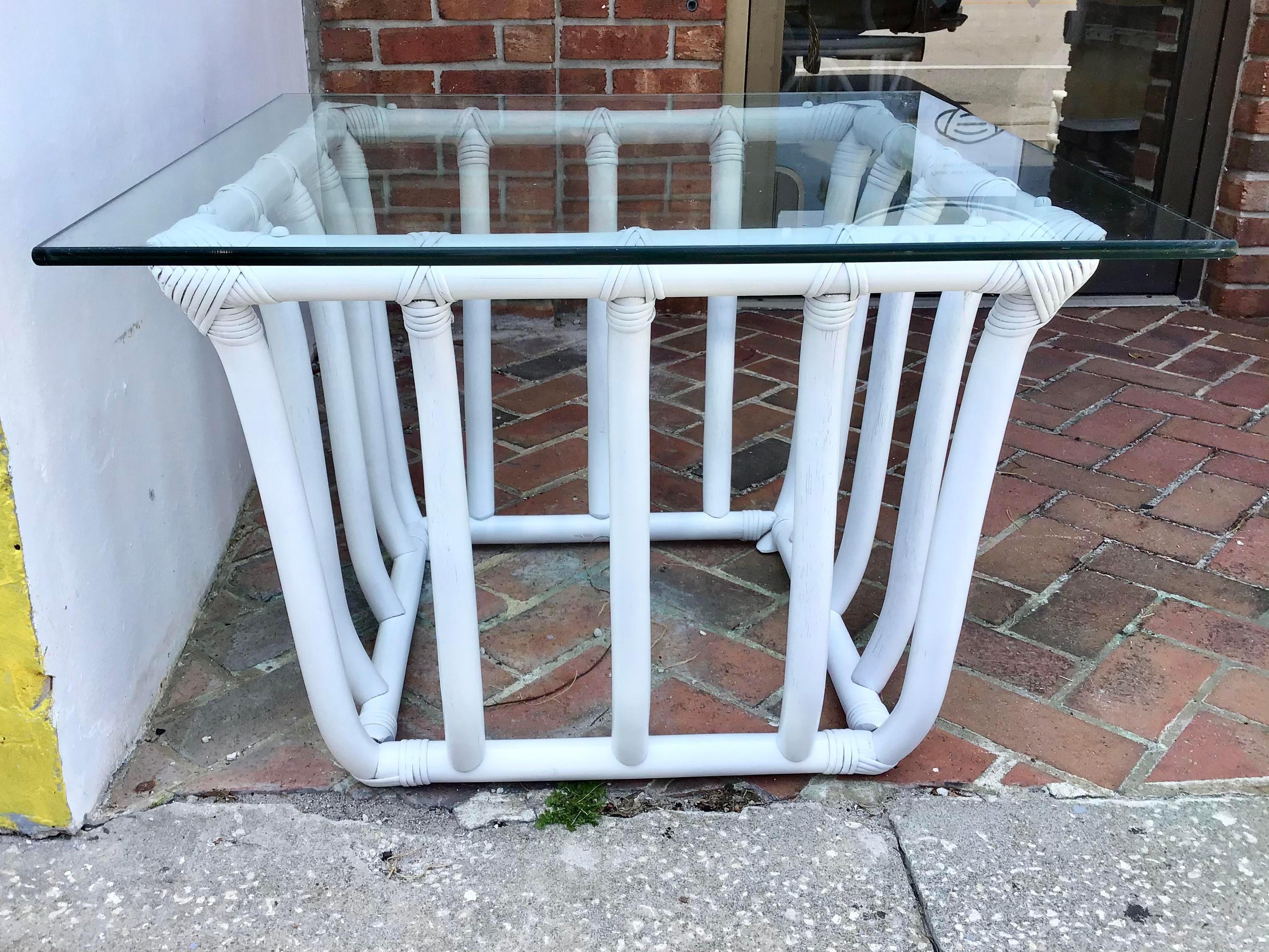 Modern Boho Chic White Rattan Square Side Table For Sale