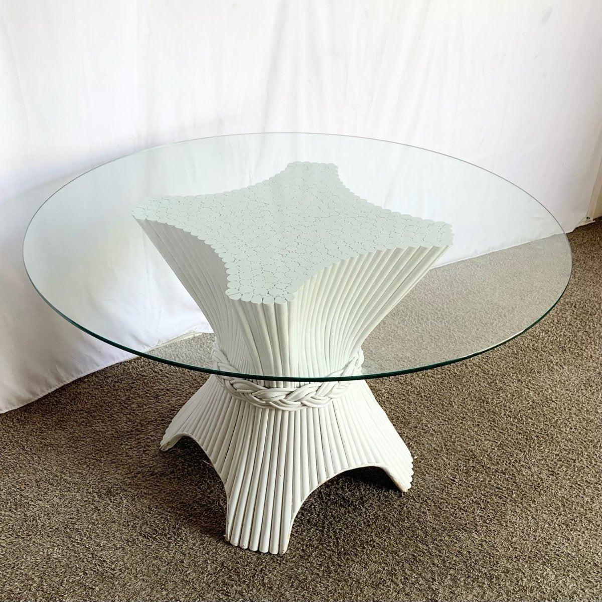 Boho Chic White Rattan Woven Sheaf Circular Glass Top Dining Table For Sale