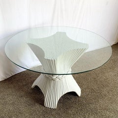 Boho Chic White Rattan Woven Sheaf Circular Glass Top Dining Table