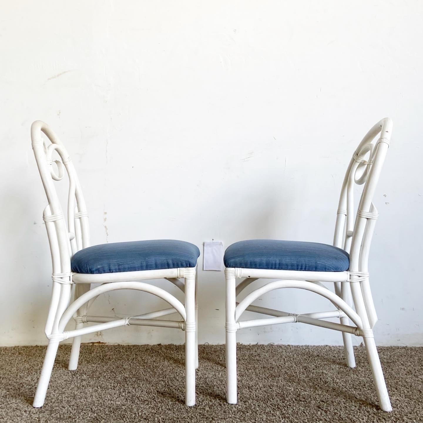 Boho Chic White Sculpted Bamboo Rattan Dining Chairs - Set of 4 In Good Condition For Sale In Delray Beach, FL