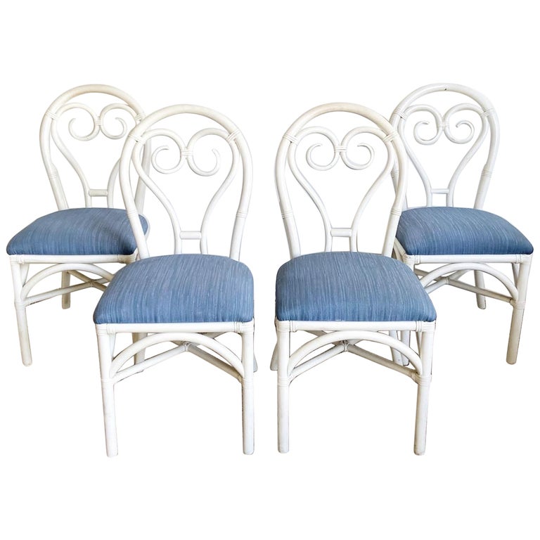 Boho Chic White Sculpted Bamboo Rattan Dining Chairs Set of