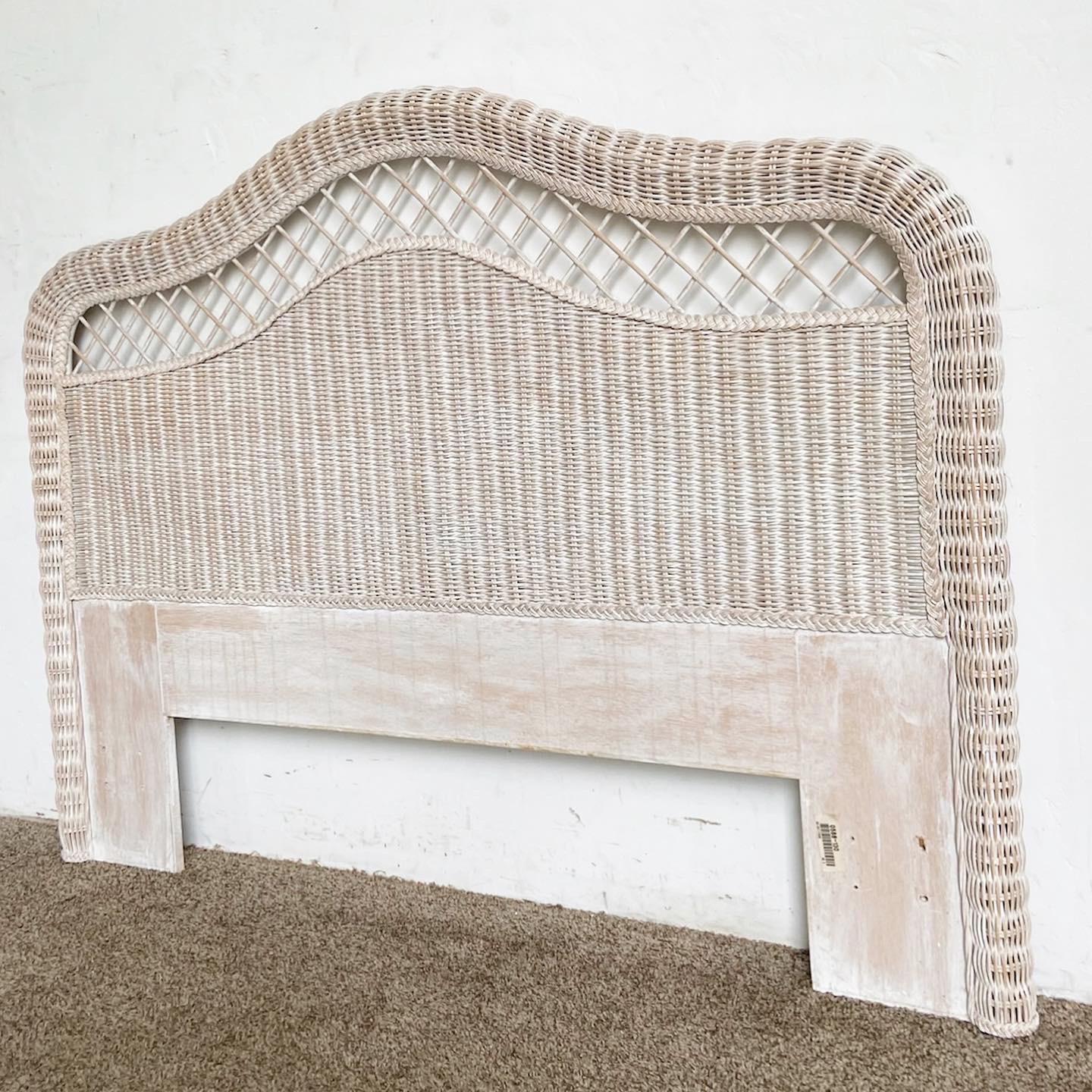 Our Boho Chic White Wash Queen Size Wicker Headboard combines breezy charm and bohemian elegance, making it the perfect anchor for your bedroom decor.

Beautiful wicker construction, whitewashed for a relaxed, beachy vibe.
Intricate weave pattern