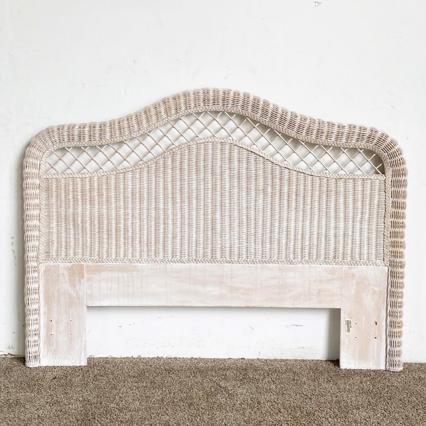 Boho Chic White Wash Queen Size Wicker Headboard For Sale