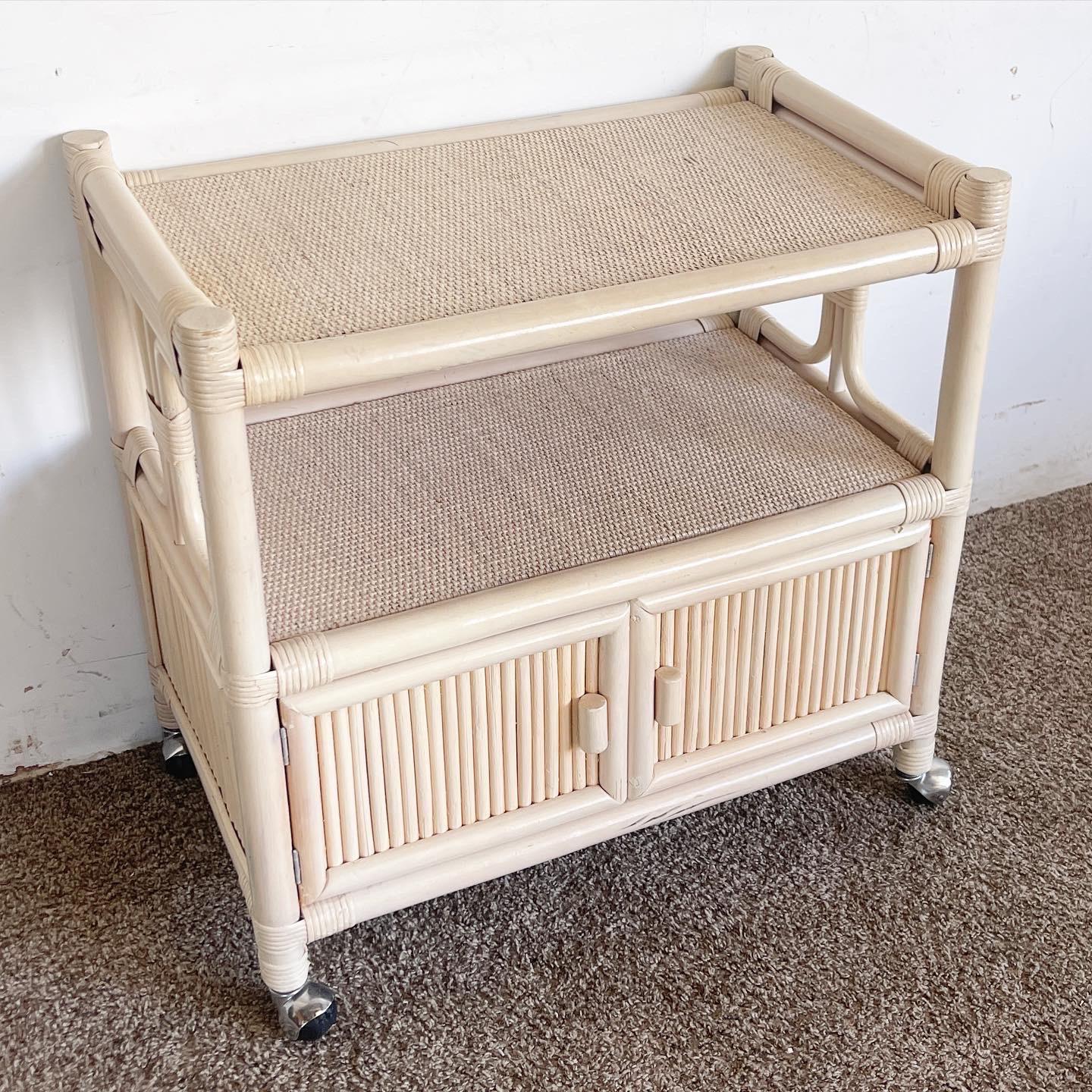 Enjoy coastal vibes with the Boho Chic White Washed Bamboo Rattan and Wicker Bar Cart, blending style, functionality, and natural charm.

Designed with a blend of natural materials like bamboo, rattan, and wicker.
White-washed finish for a relaxed,