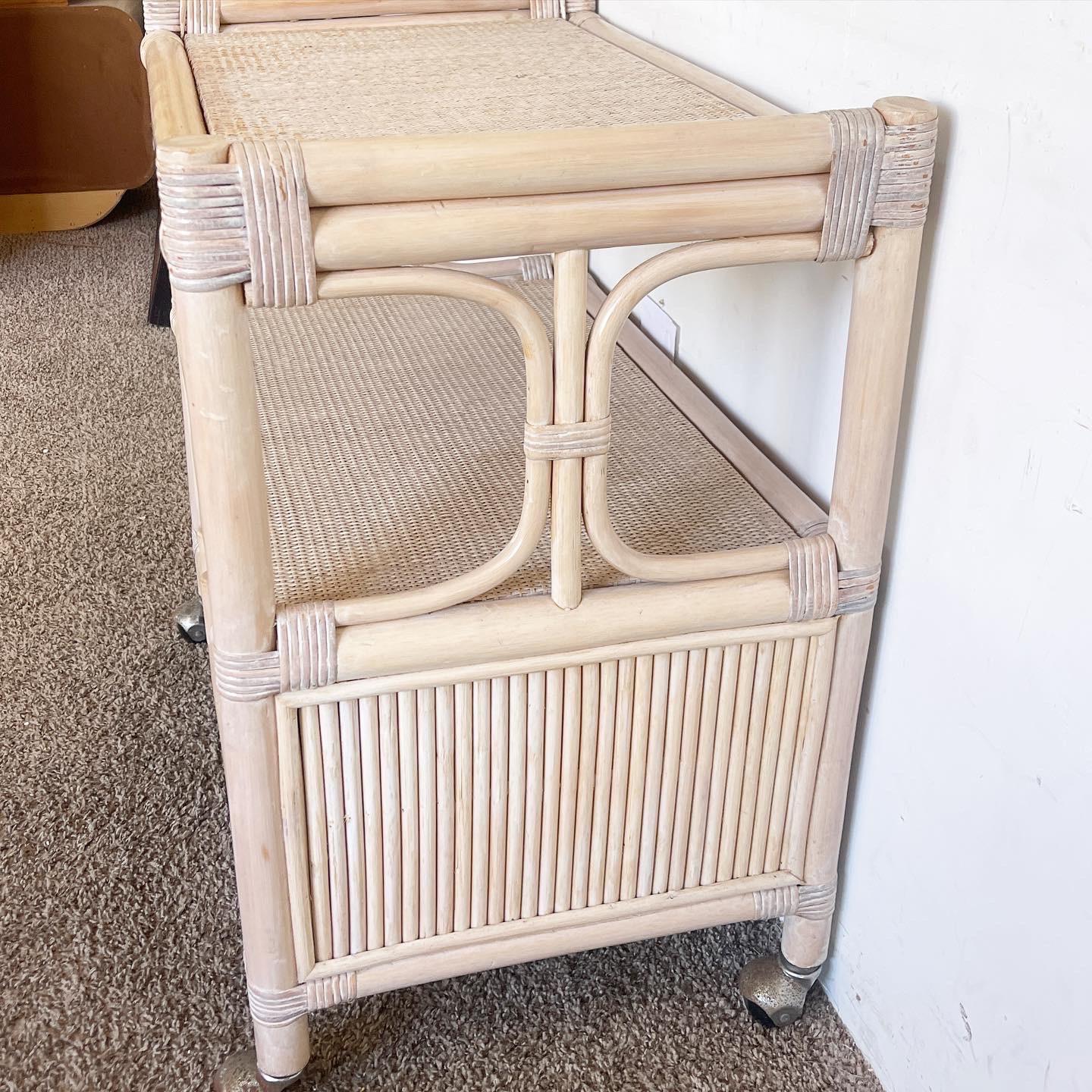 Indonesian Boho Chic White Washed Bamboo Rattan and Wicker Bar Cart For Sale