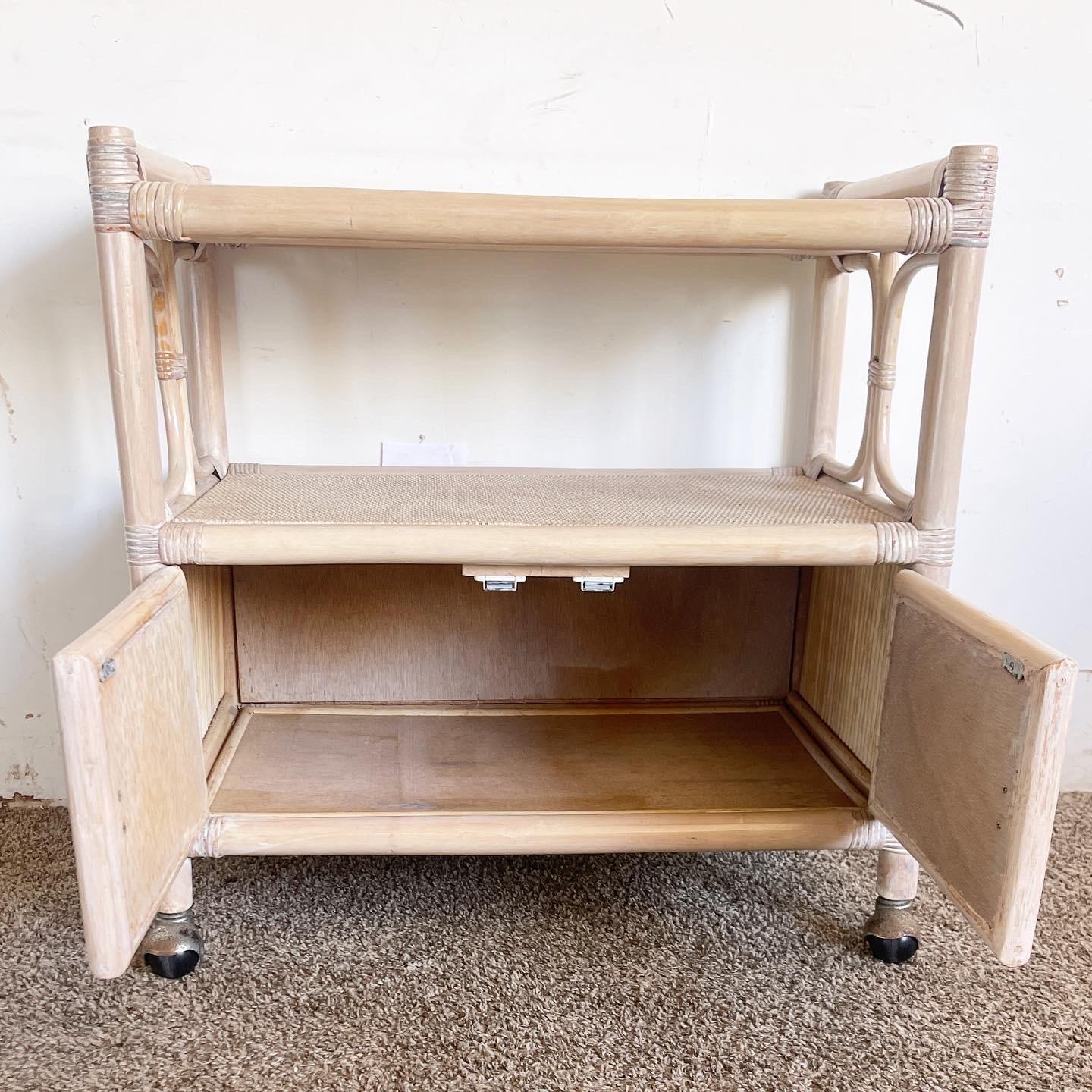 Boho Chic White Washed Bamboo Rattan and Wicker Bar Cart In Good Condition For Sale In Delray Beach, FL