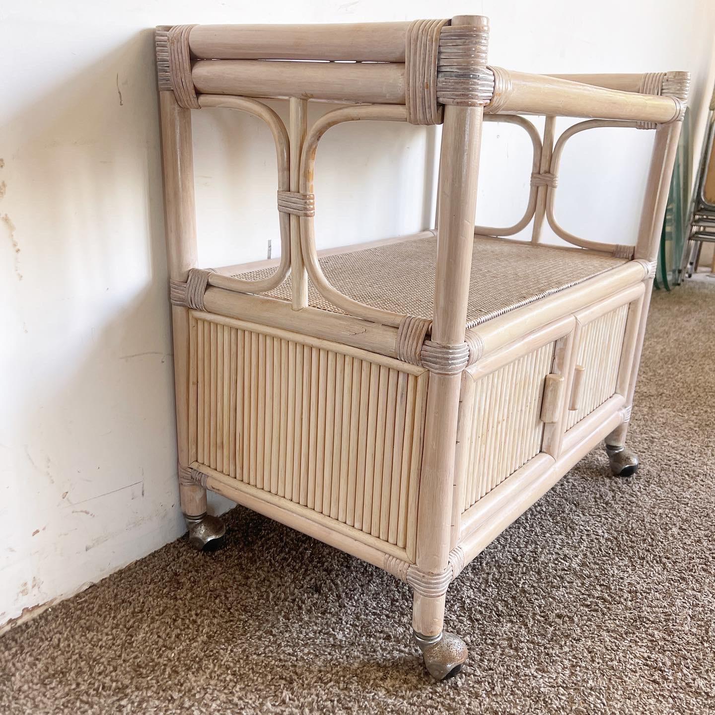 Boho Chic White Washed Bamboo Rattan and Wicker Bar Cart For Sale 1