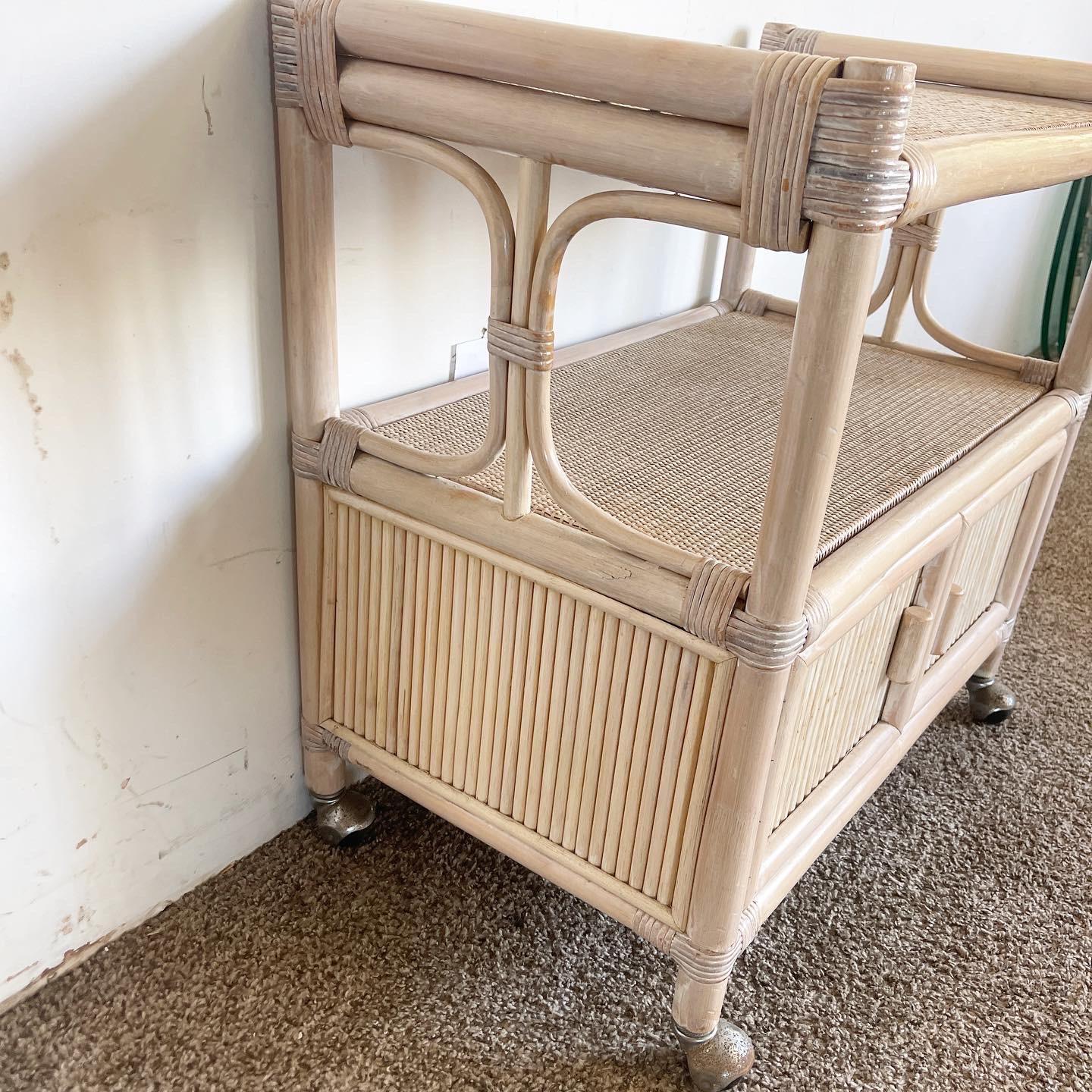 Boho Chic White Washed Bamboo Rattan and Wicker Bar Cart For Sale 2