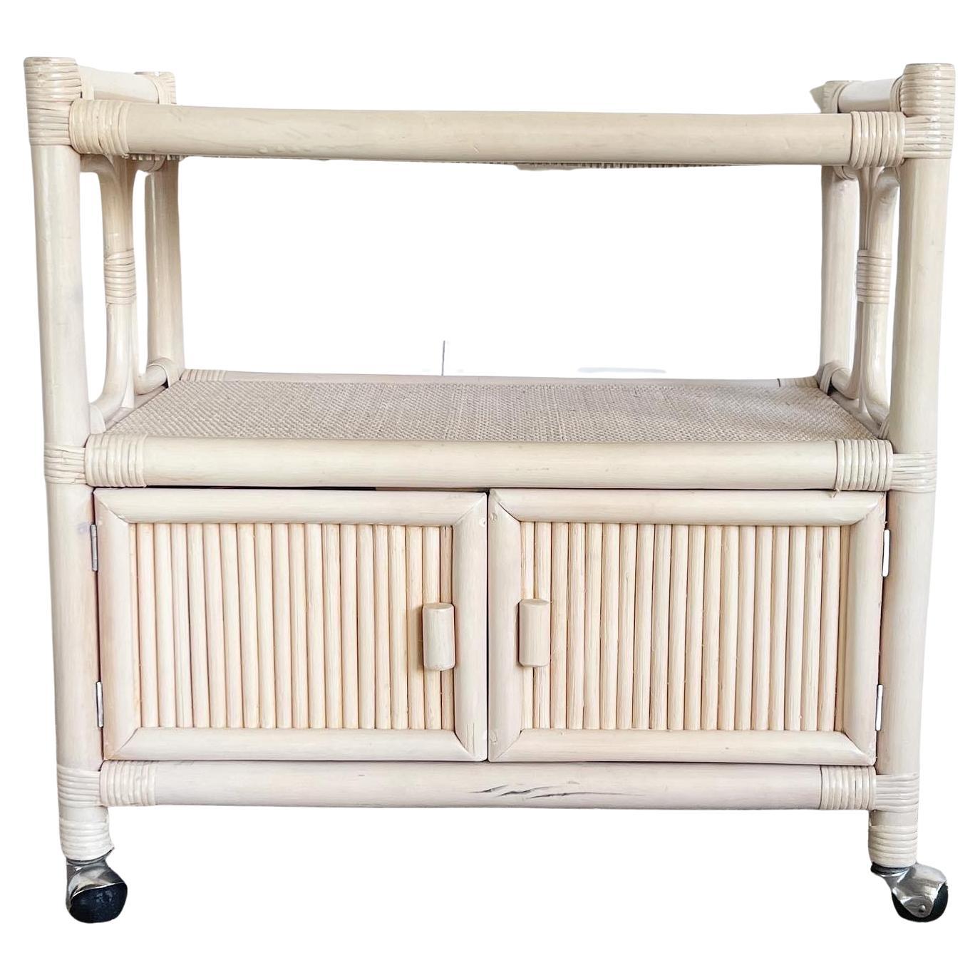 Boho Chic White Washed Bamboo Rattan and Wicker Bar Cart For Sale