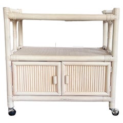 Boho Chic White Washed Bamboo Rattan and Wicker Bar Cart