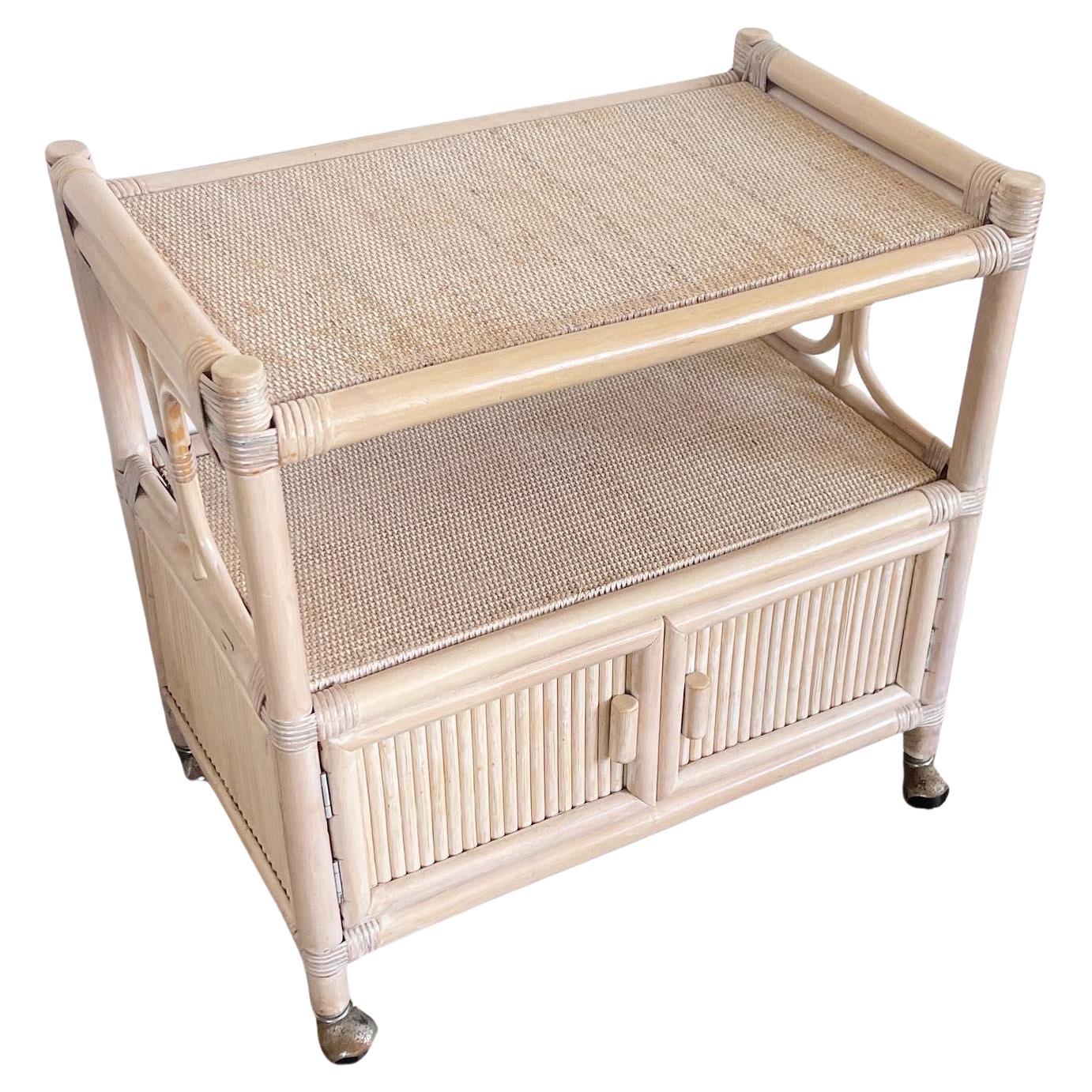 Boho Chic White Washed Bamboo Rattan and Wicker Bar Cart