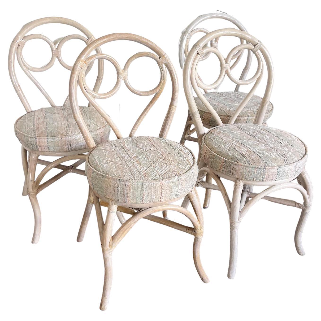 Boho Chic White Washed Bamboo Rattan Dining Chairs - Set of 4 For Sale