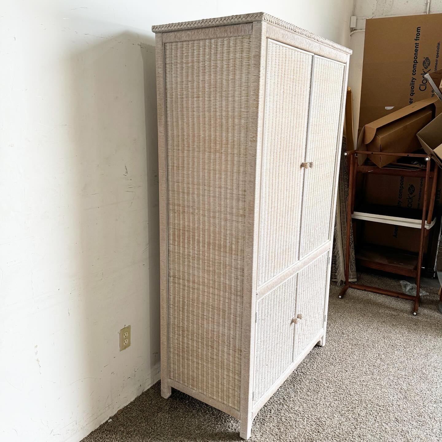 American Boho Chic White Washed Henry Link Wicker Armoire by Lexington
