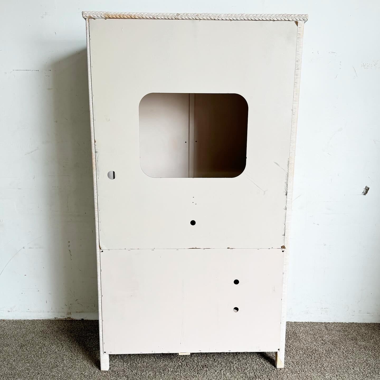 Boho Chic White Washed Henry Link Wicker Armoire by Lexington In Good Condition In Delray Beach, FL