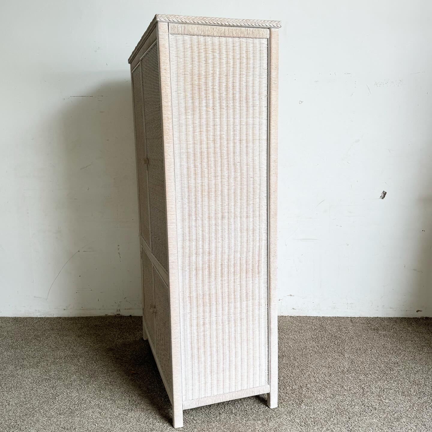 Late 20th Century Boho Chic White Washed Henry Link Wicker Armoire by Lexington