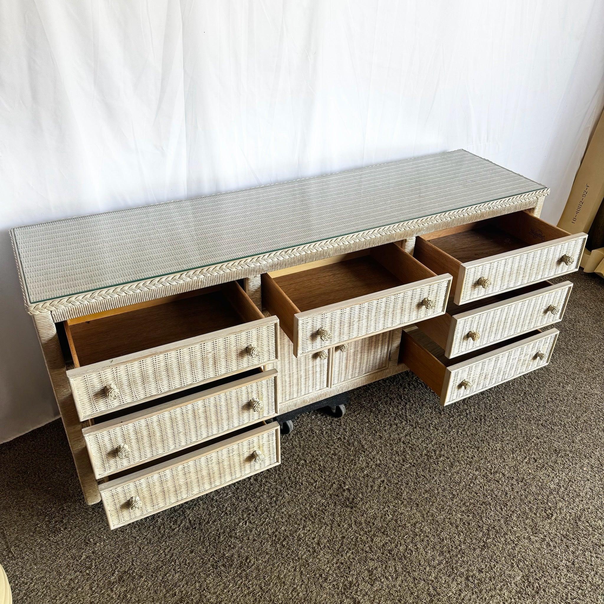 Late 20th Century Boho Chic White Washed Henry Link Wicker Dresser by Lexington For Sale