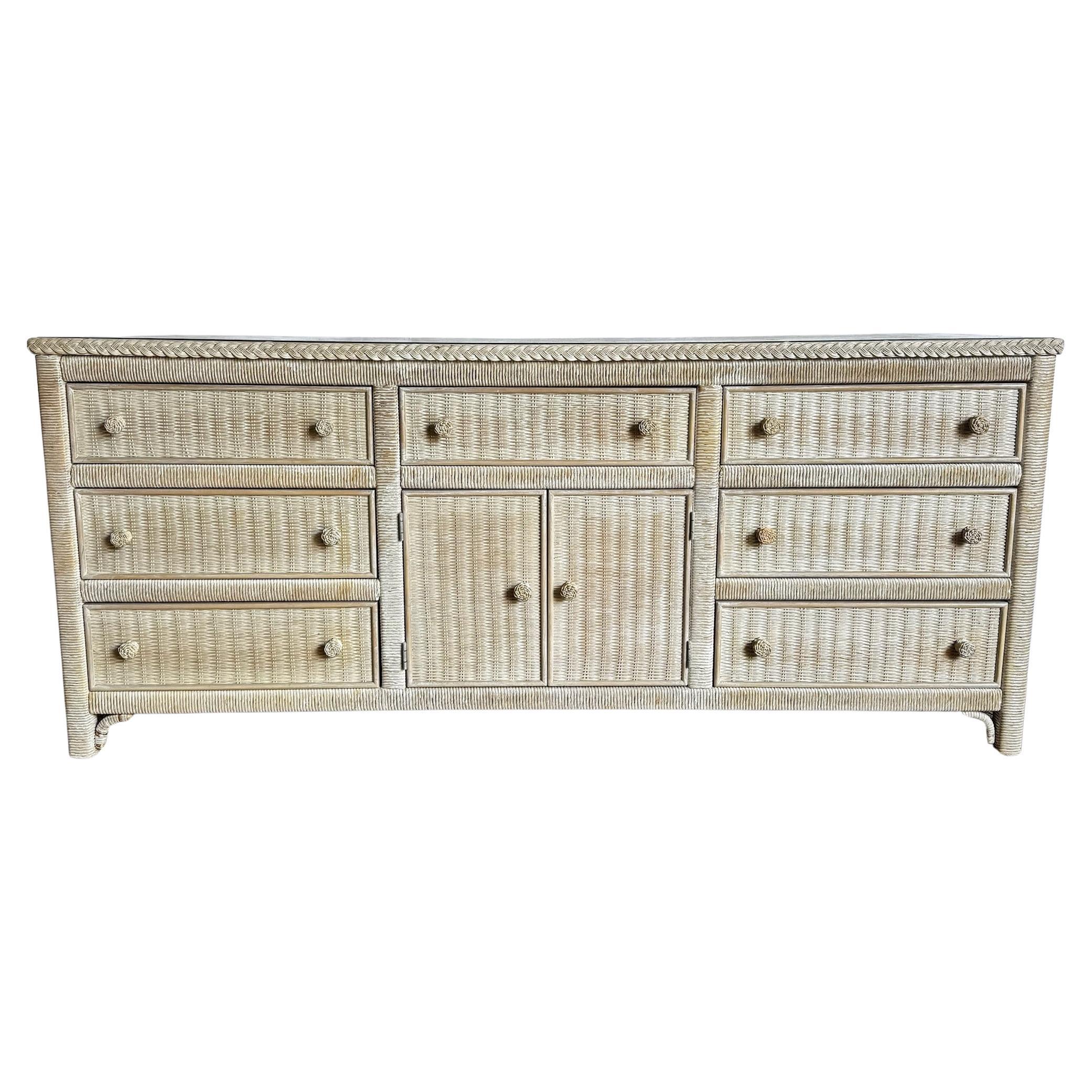 Boho Chic White Washed Henry Link Wicker Dresser by Lexington