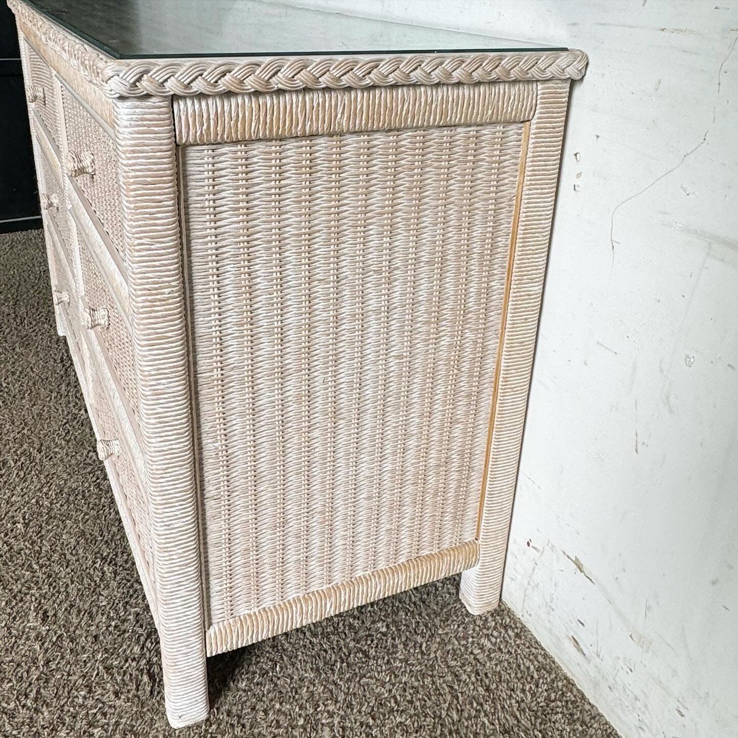 Boho Chic White Washed Henry Link Wicker Dresser by Lexington Furniture In Good Condition In Delray Beach, FL