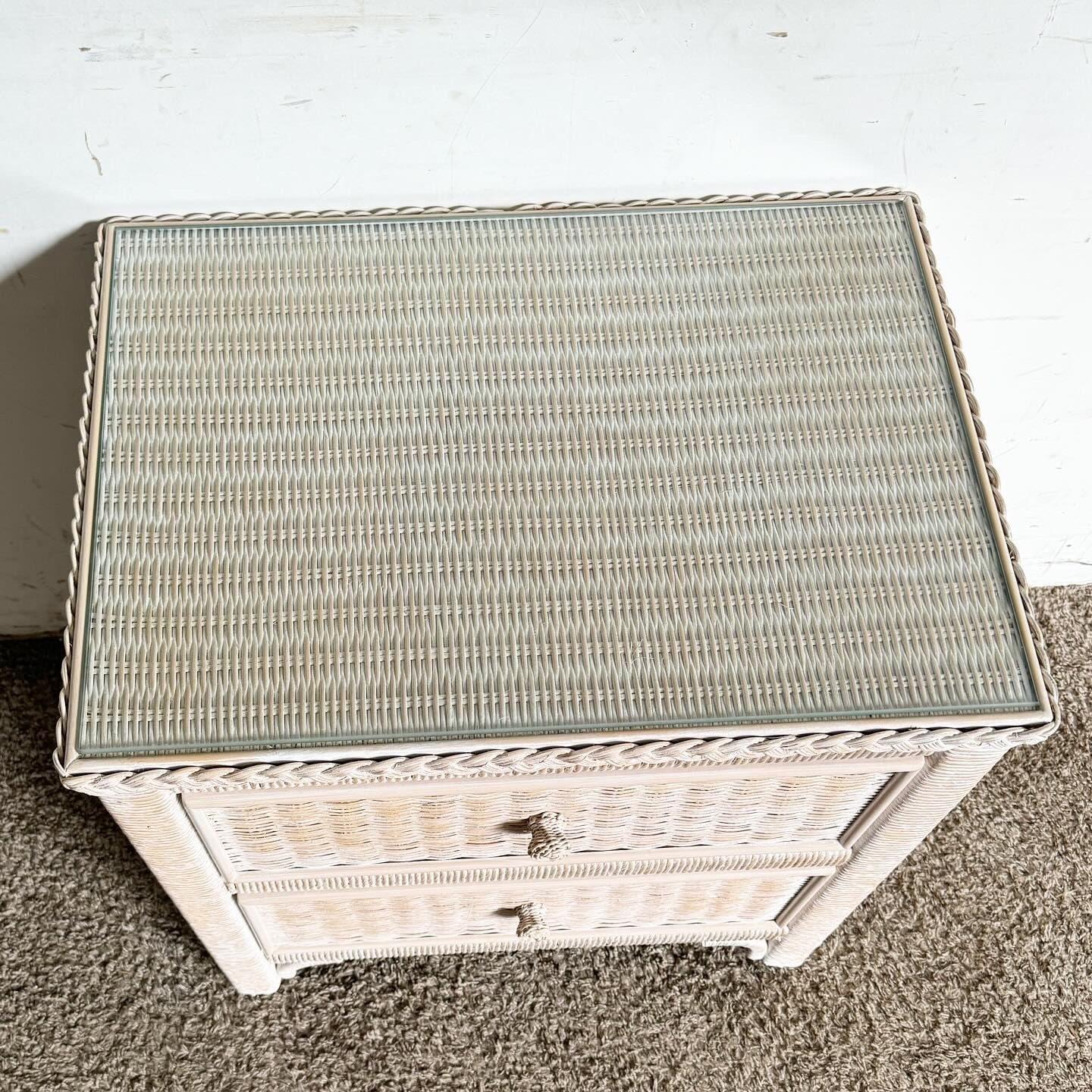 Late 20th Century Boho Chic White Washed Henry Link Wicker Nightstand by Lexington Furniture