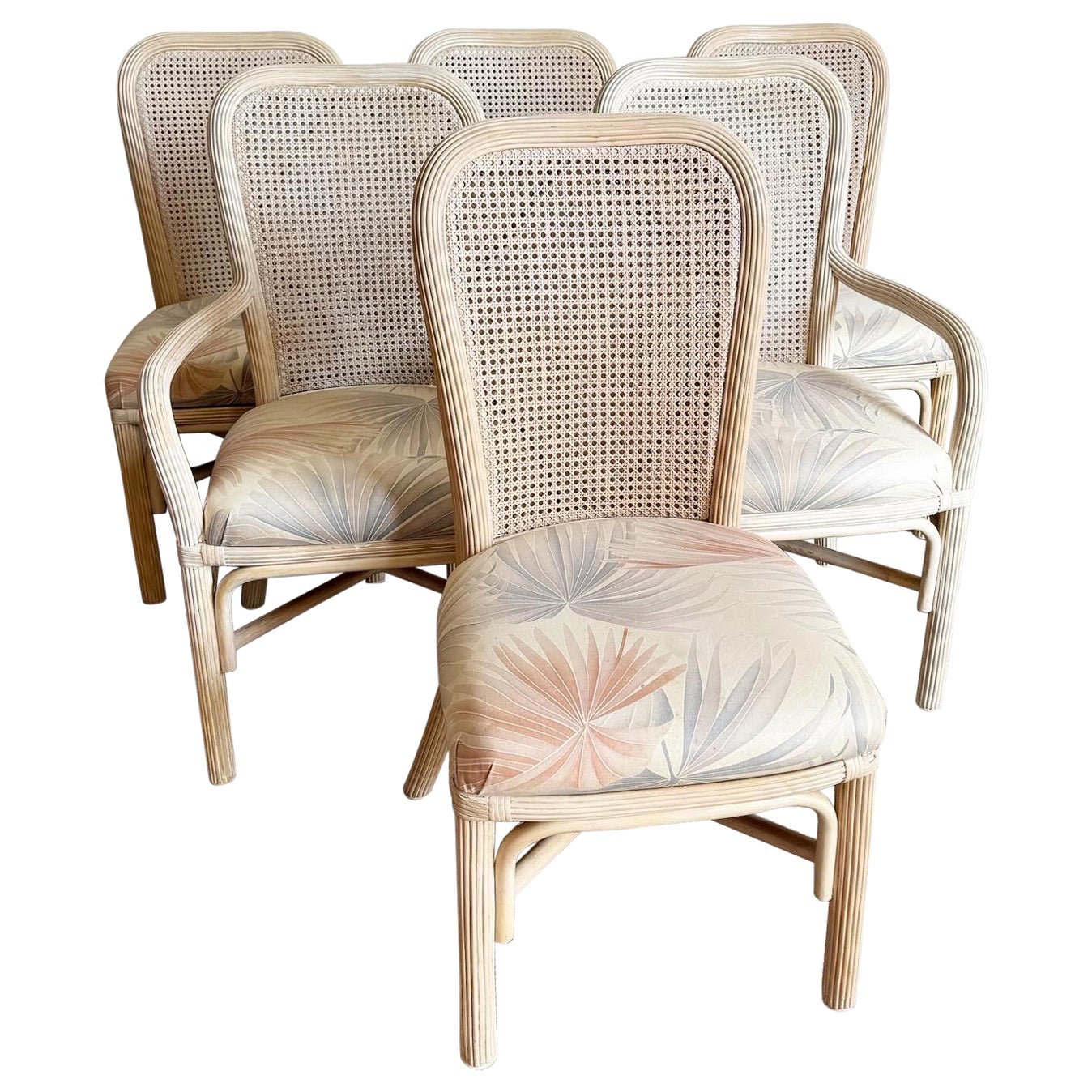 Chaises de salle à manger Boho Chic blanchies à la chaux crayon et cannées - Lot de 6