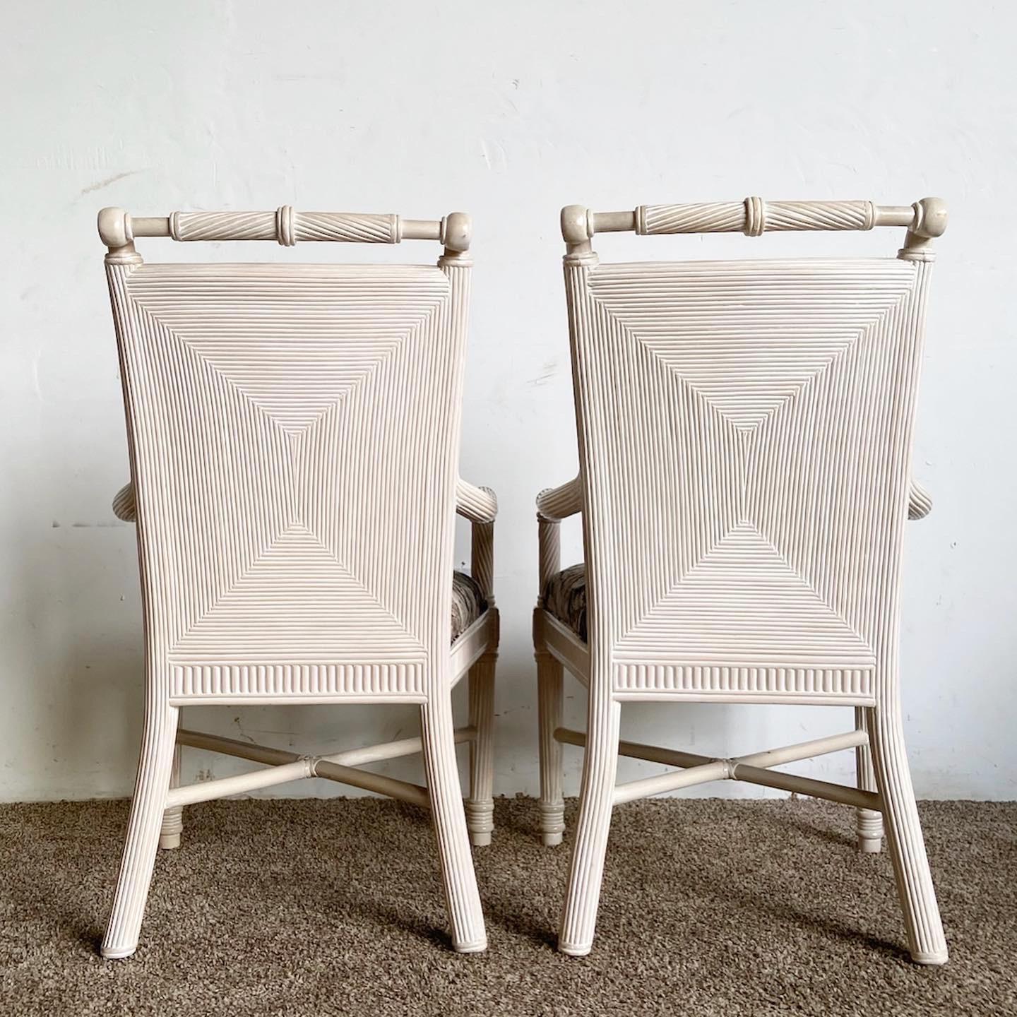 Boho Chic White Washed Pencil Reed Armchairs - a Pair In Good Condition For Sale In Delray Beach, FL