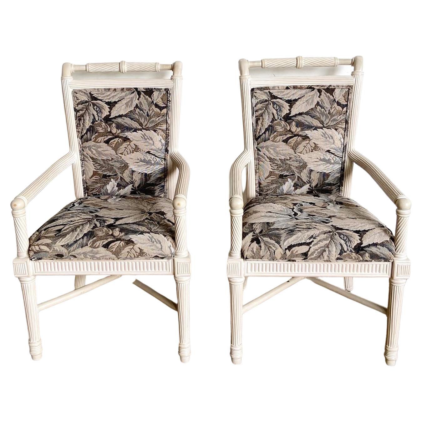 Boho Chic White Washed Pencil Reed Armchairs - a Pair