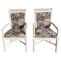 Vintage Boho Chic White Washed Pencil Reed Armchairs - a Pair