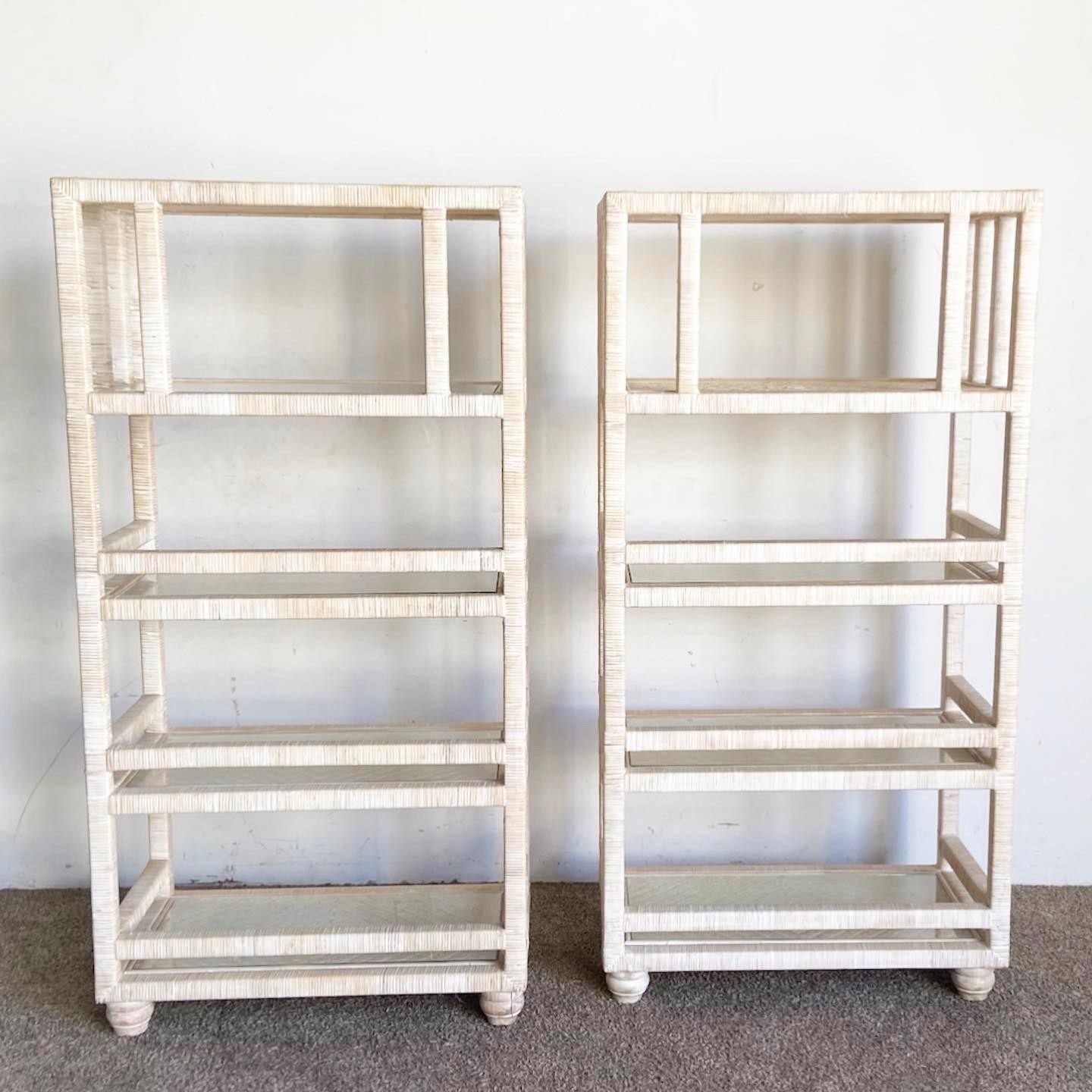 Boho Chic White Washed Rattan and Wicker Etageres - a Pair In Good Condition In Delray Beach, FL