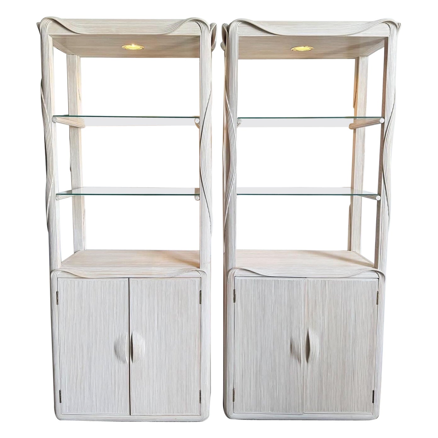 Boho Chic White Washed Ribbon Pencil Reed Lighted Etageres - a Pair