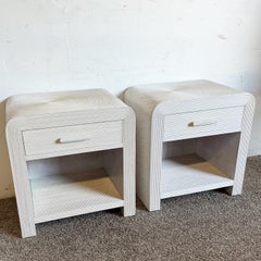 Boho Chic White Washed Swirl Pencil Reed Waterfall Nightstands - a Pair