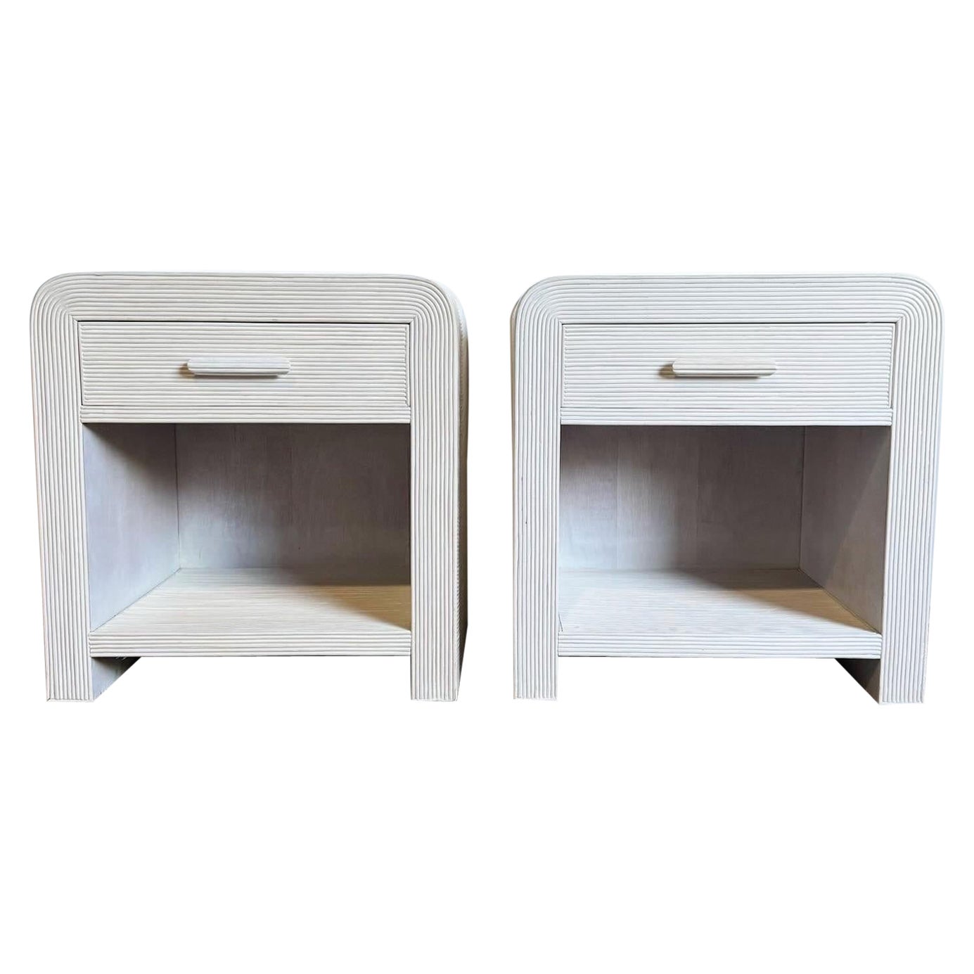 Boho Chic White Washed Swirl Pencil Reed Waterfall Nightstands - a Pair