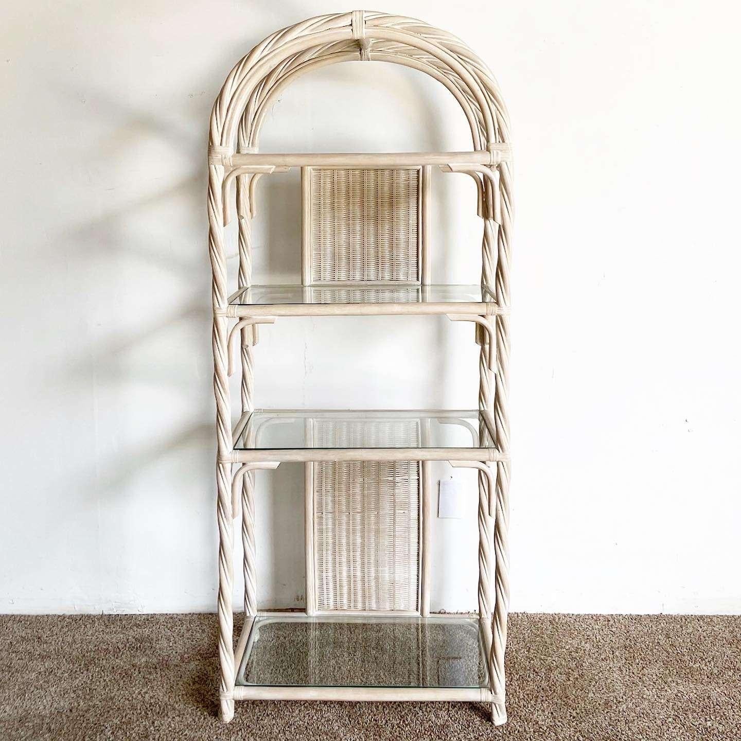 Amazing vintage bohemian white washed Etagere. Features a twisted bamboo and rattan frame with wicker.
