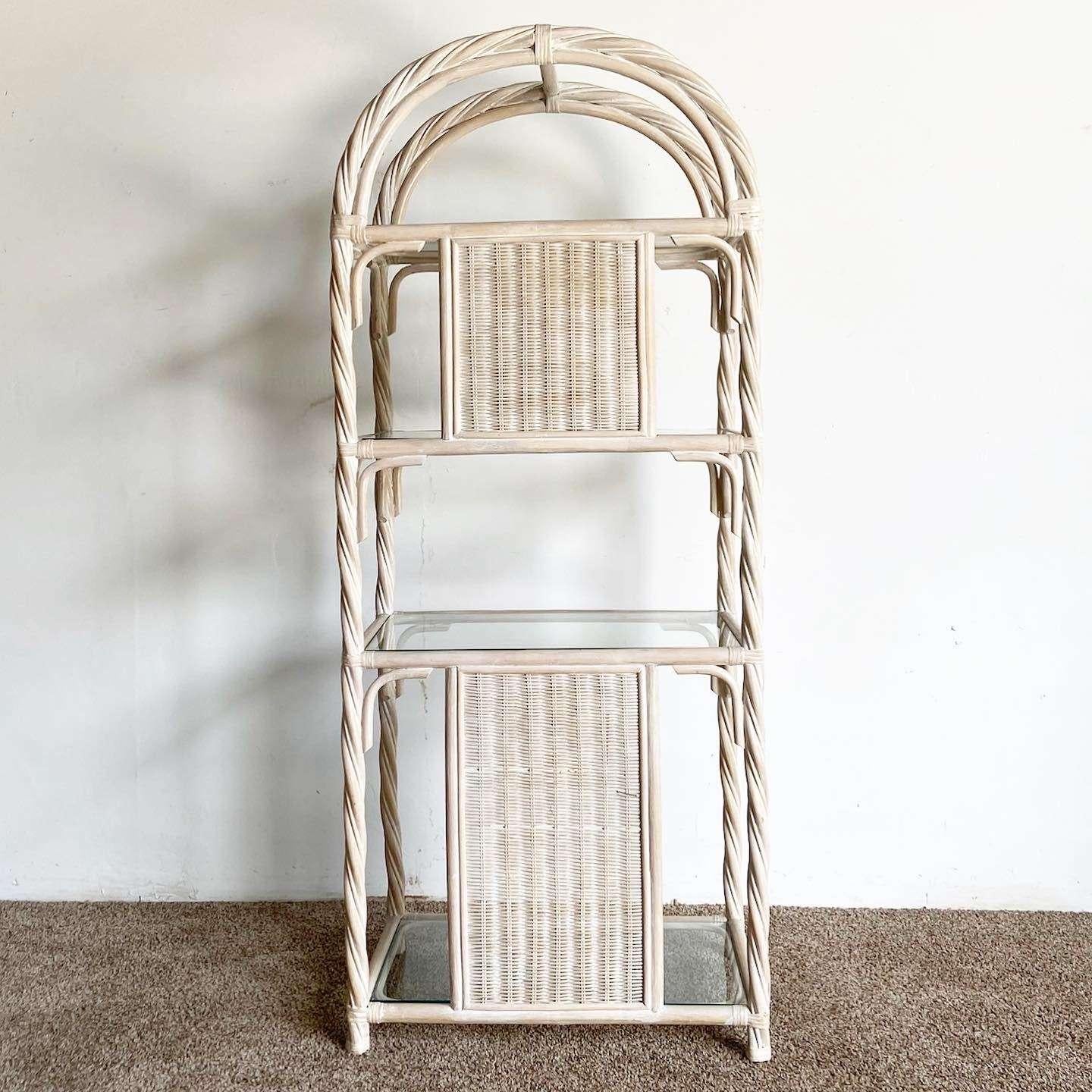Boho Chic White Washed Twisted Bamboo Rattan Etagere For Sale at 1stDibs
