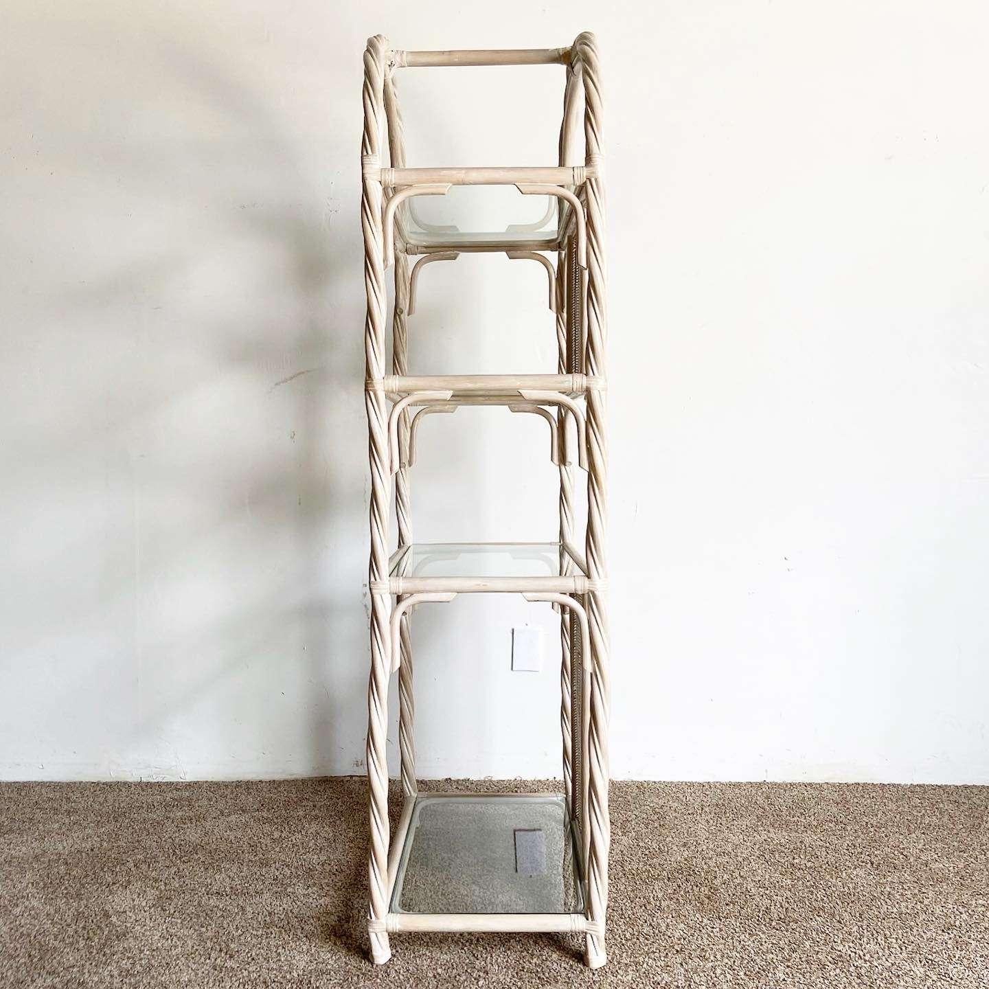 Boho Chic White Washed Twisted Bamboo Rattan Etagere In Good Condition In Delray Beach, FL