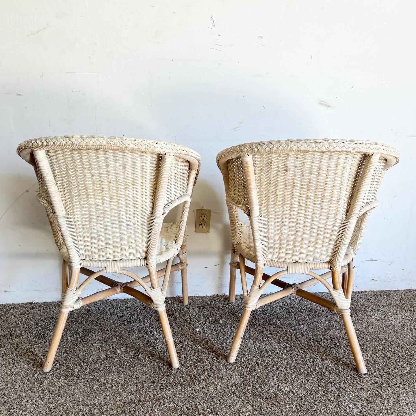 Unknown Boho Chic White Washed Wicker and Rattan Lounge Chairs - a Pair