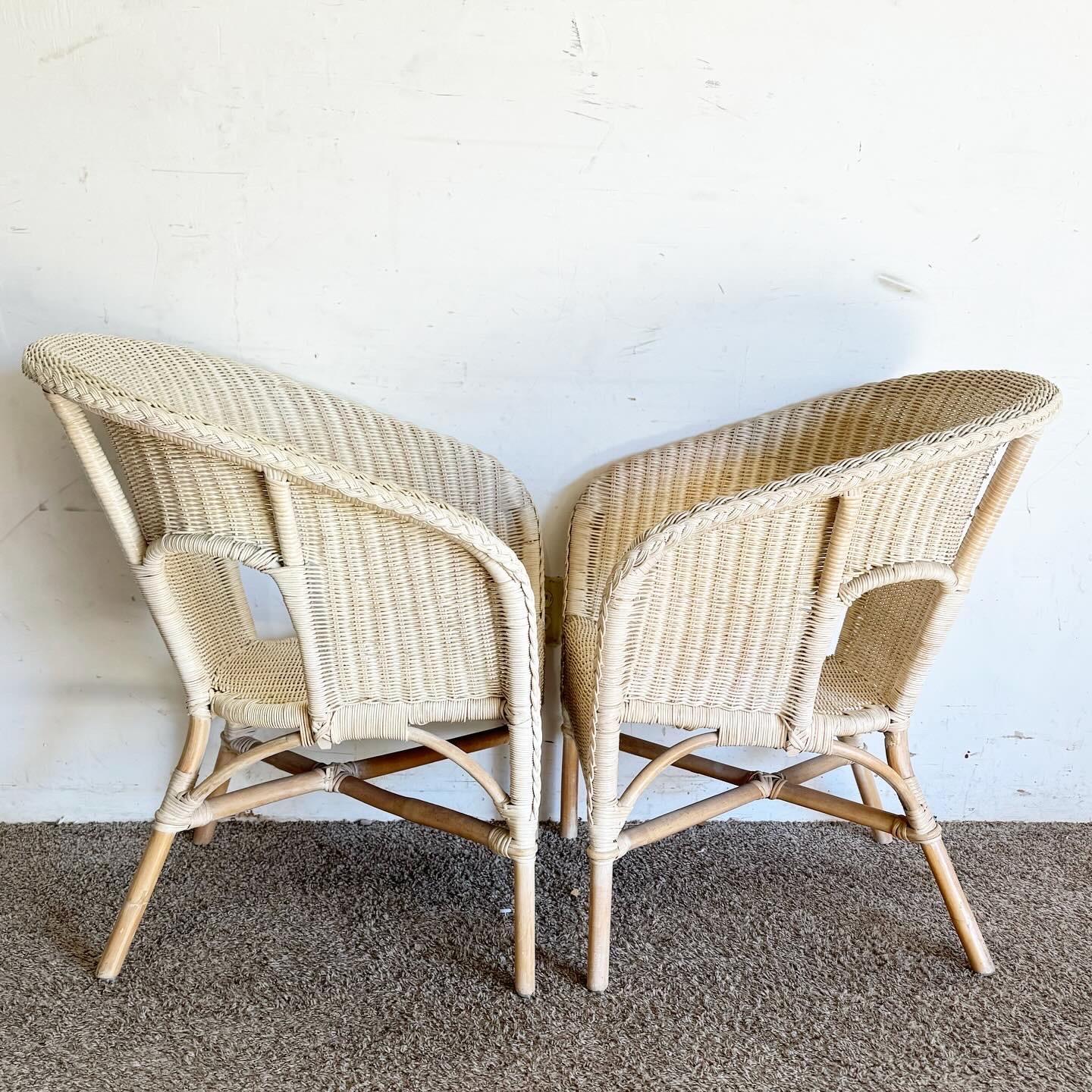 Boho Chic White Washed Wicker and Rattan Lounge Chairs - a Pair In Good Condition For Sale In Delray Beach, FL