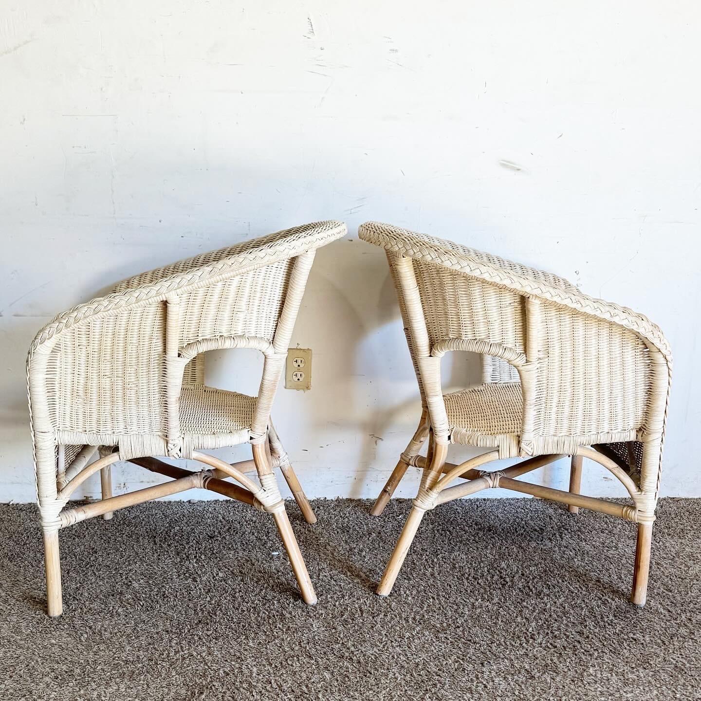 Late 20th Century Boho Chic White Washed Wicker and Rattan Lounge Chairs - a Pair For Sale