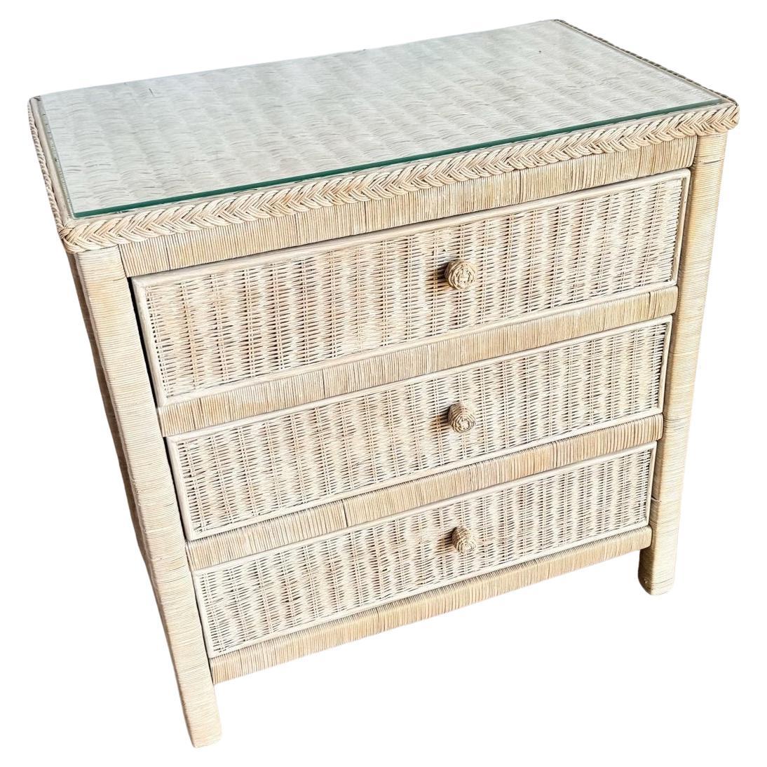 Boho Chic White Washed Wicker Glass Top Chest of Drawers For Sale